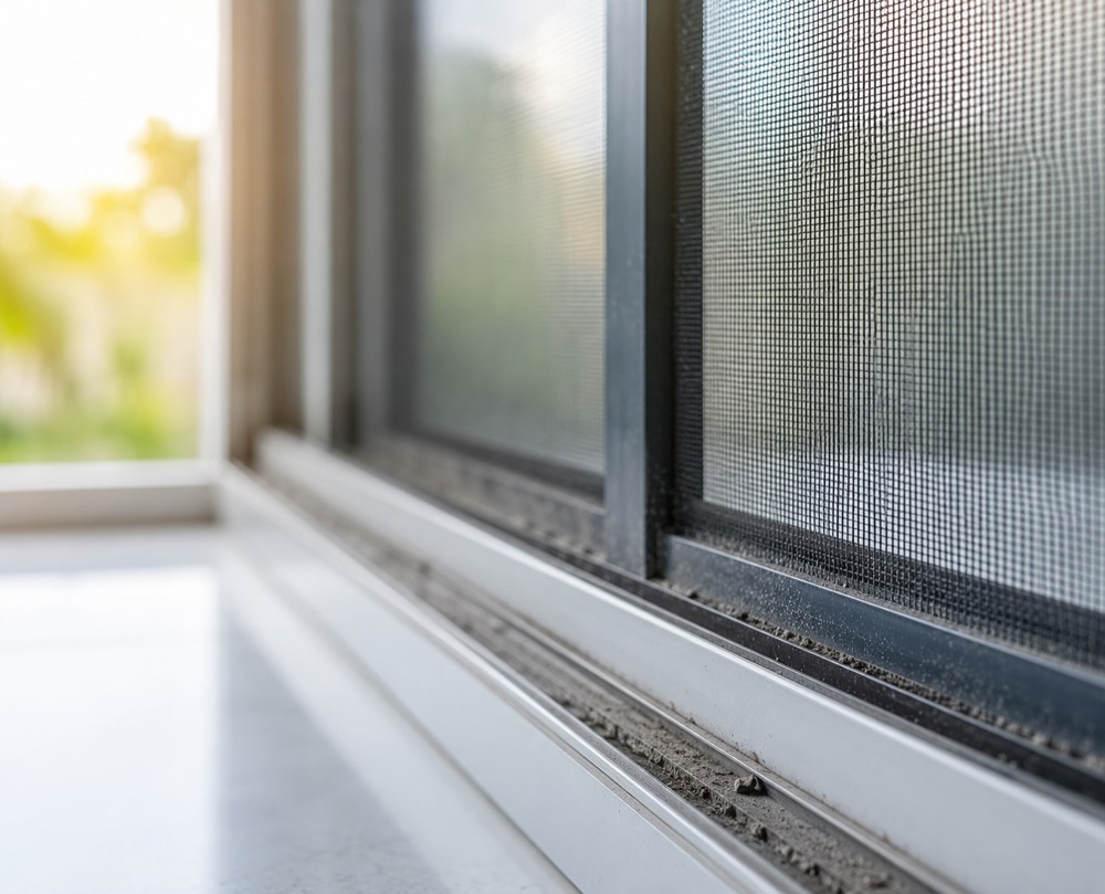 Close-up of window screens and tracks that have collected grime