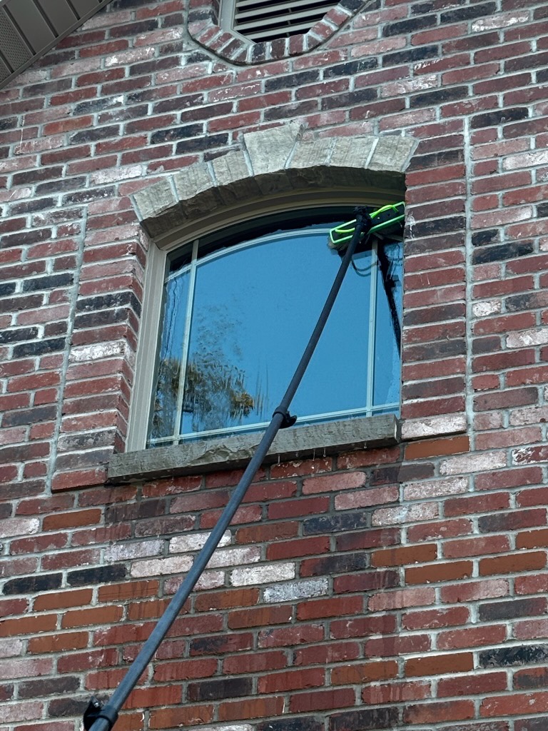 Water-fed pole with soft brush head cleaning an upper-story arched window from the ground